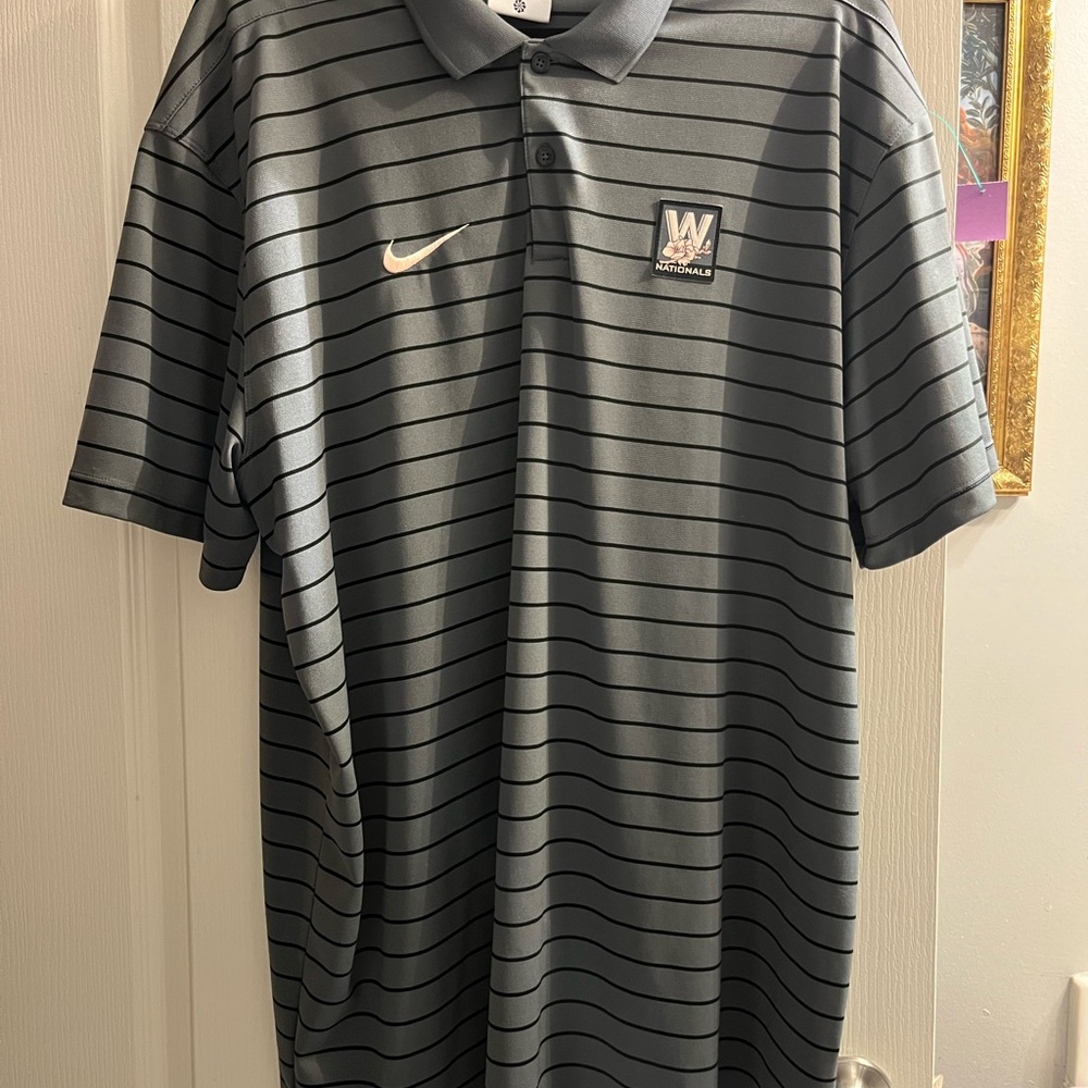 Nike DRIFIT Men’s MLB Washington Nationals Cherry Blossom Gray Striped Polo